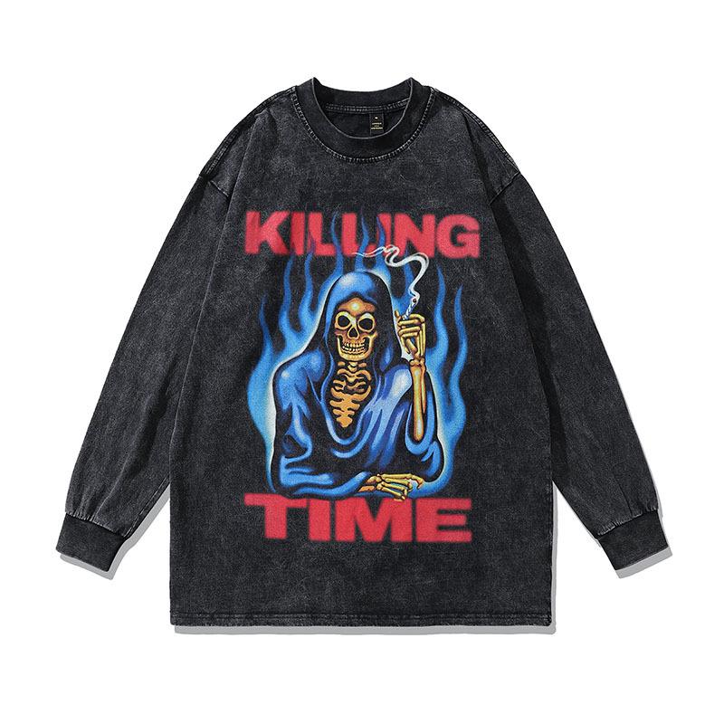 American Retro Printed Long-Sleeved T-Shirt Ins High Street Trendy Brand Washed Old Men'S Oversize Bottoming Top