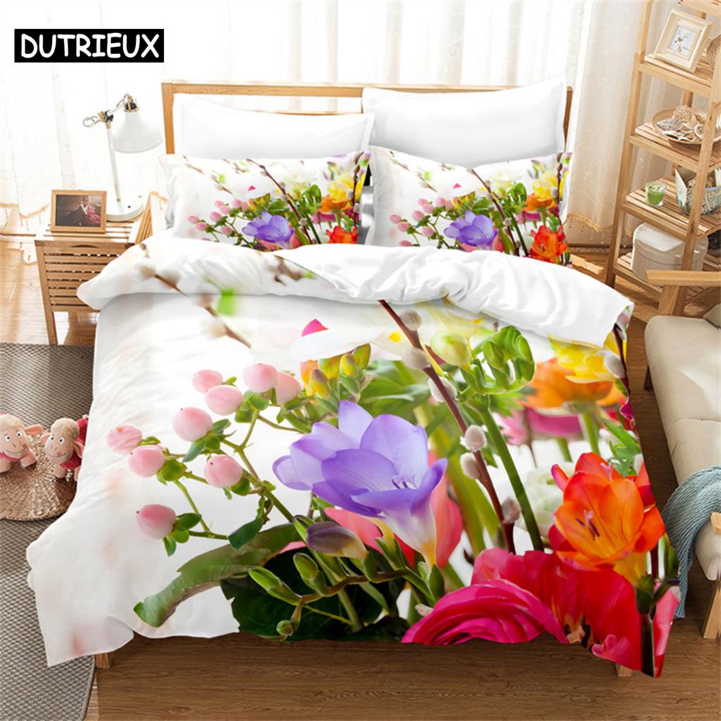 Beautiful Flowers Queen Bedding Set Duvet Cover Kids Bedroom Bed Set Comforter Cover Set King Size Duvet Cover Set Bedding Sets