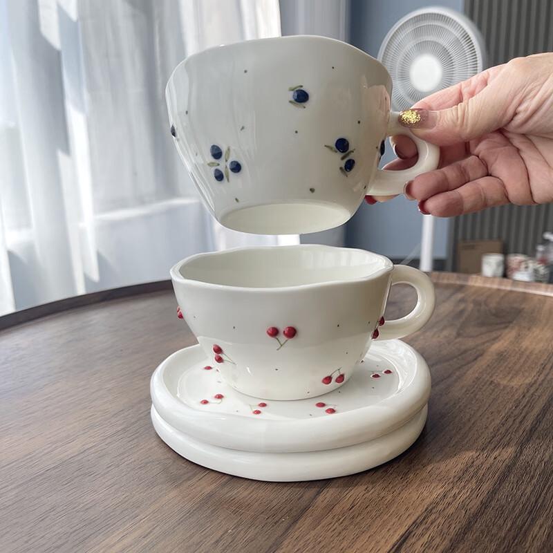 Hand-painted Cherry Ceramic Coffee Cup Set with Saucer