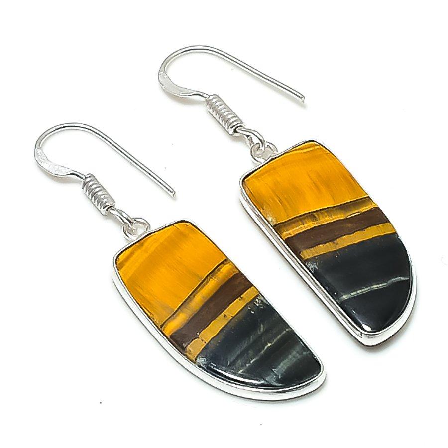 Натуральный Черный Тигровый Глаз Серебро 925 Пробы Серьга 1,81  AEE-10817