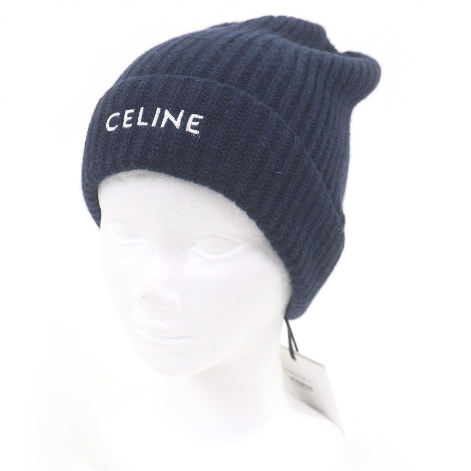 

Pristine CELINE Knit cap Logo embroidery beanie Navy cashmere mens 2AG83207O Used