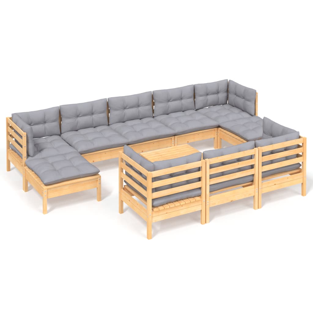 11 Piece Garden Lounge Set with Grey Cushions Solid Pine Wood