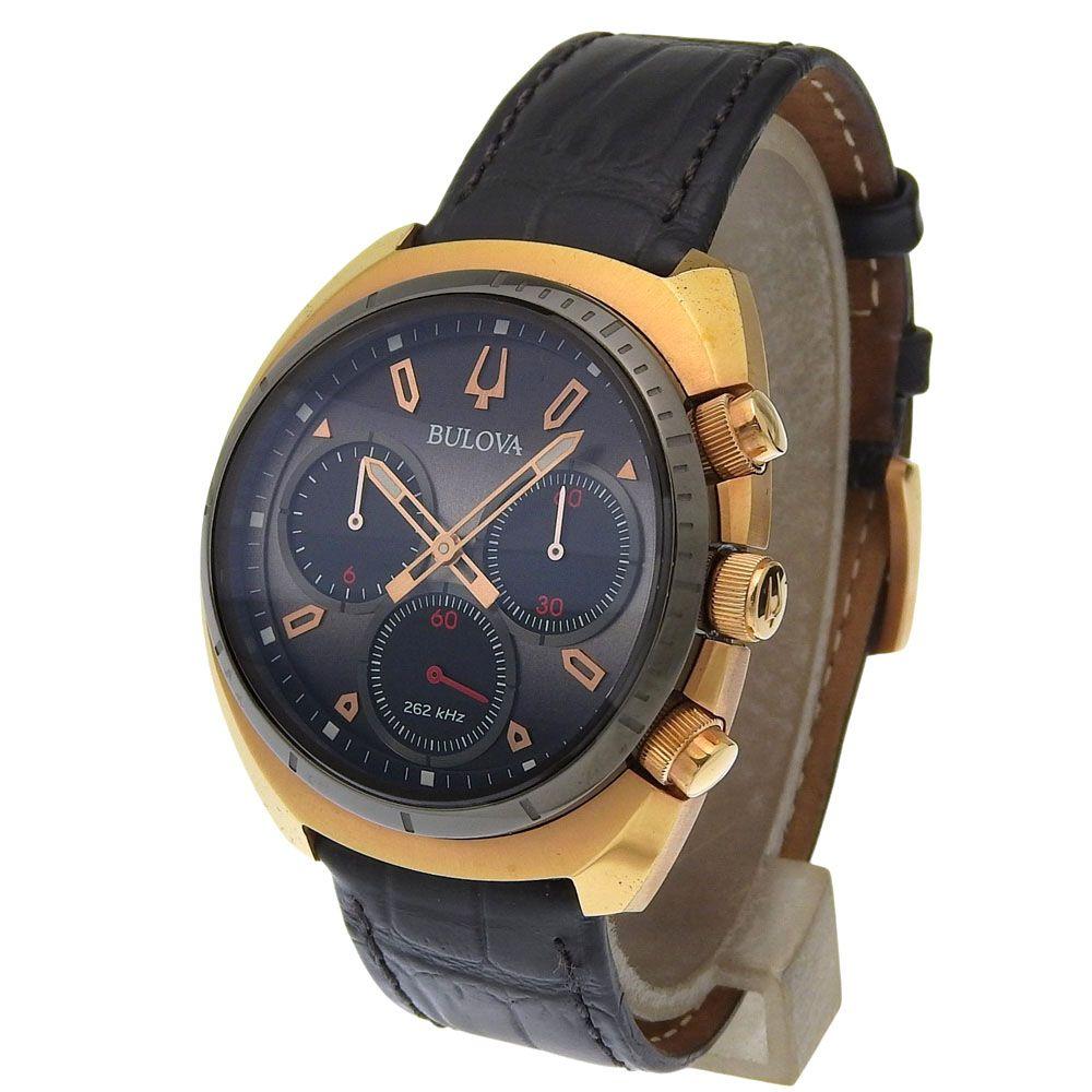 Used [BULOVA] Bulova Curve Chronograph 98A156 Gold Plated x Leather Quartz Chronograph Men's Black Dial Watch