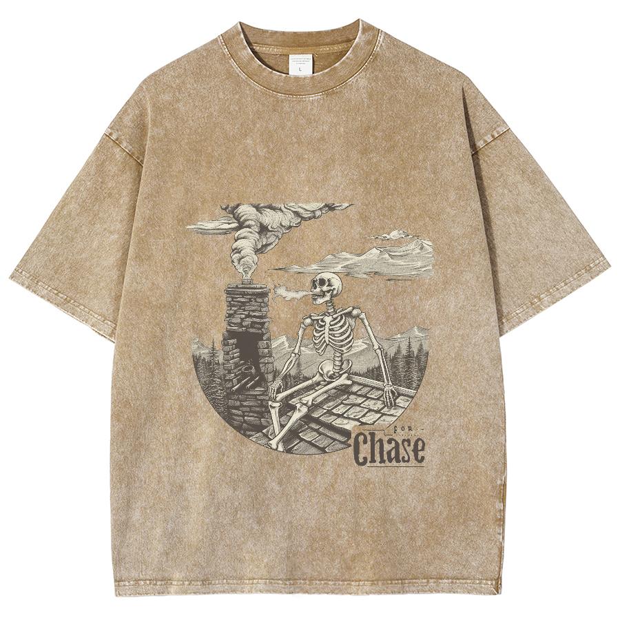 Cartoon Skull City Industrial Print Cotton Wash T-Shirt Women's Men's Oversized Crew Neck Short Sleeve Design Niche Top