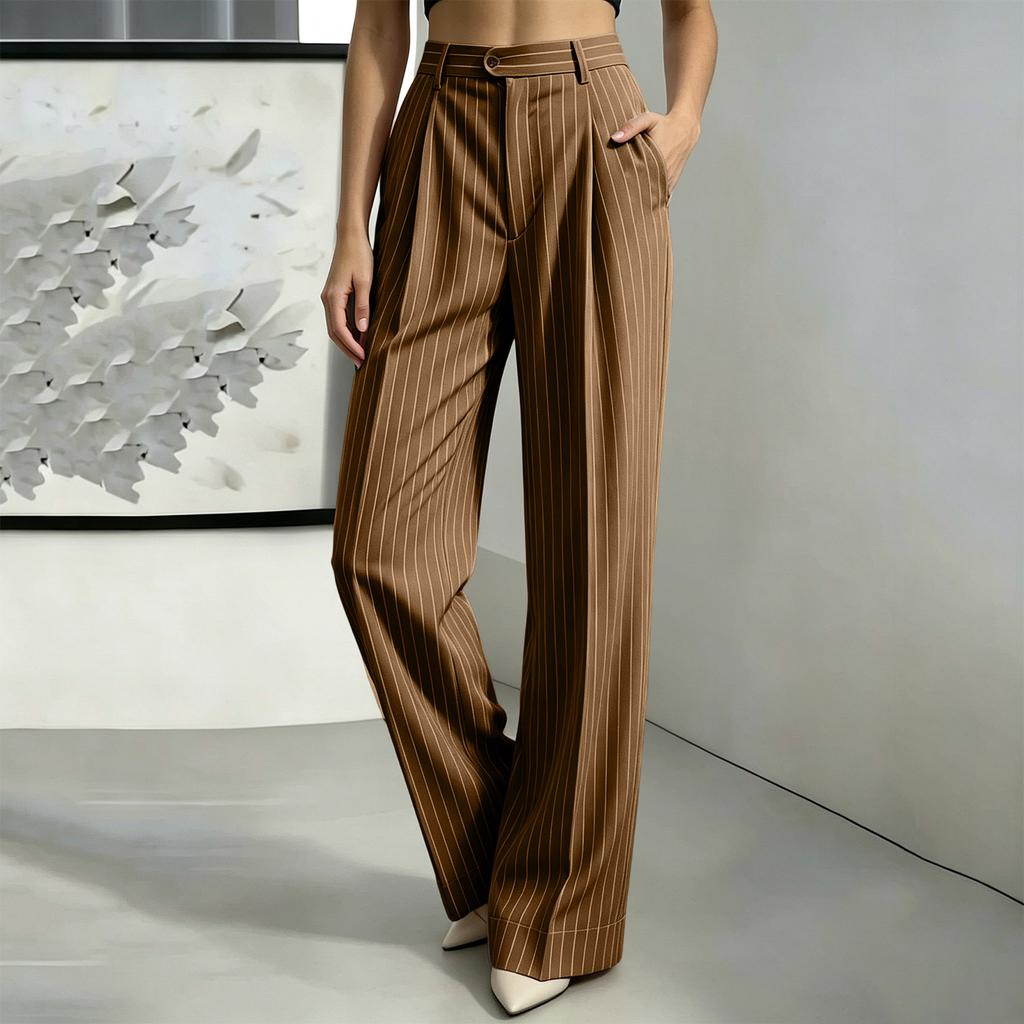 Women's Striped Suit Pants with Elastic Waistband and Button Front for Work