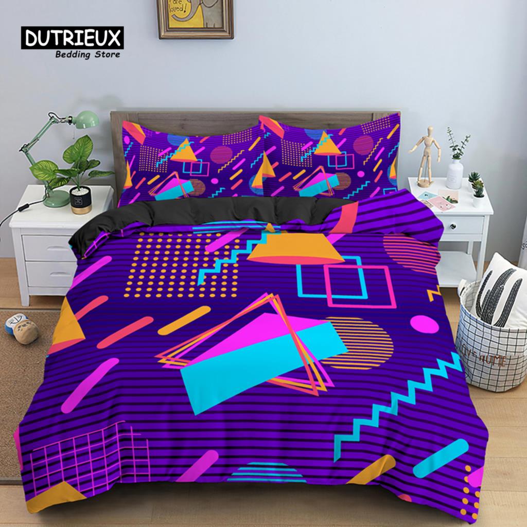 Psychedelic 3D Geometric Duvet Cover Modern Retro Neon Bedding Set Microfiber Colorful Abstract Quilt Cover Full For Kids Teen