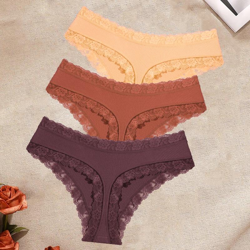 FINETOO 3Pcs/Set Women's Cotton Lace Thongs Underwear Seamless Low Waist Ribbed Breathable Panties Female Soft Comfortable Sexy Lingerie