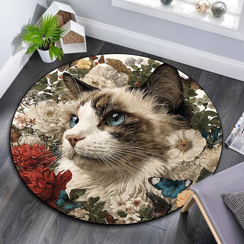 Cat in Flowers Round Area Rug,Carpet Rug for Living Room Bedroom Sofa Playroom Decor,Non-slip Floor Mat