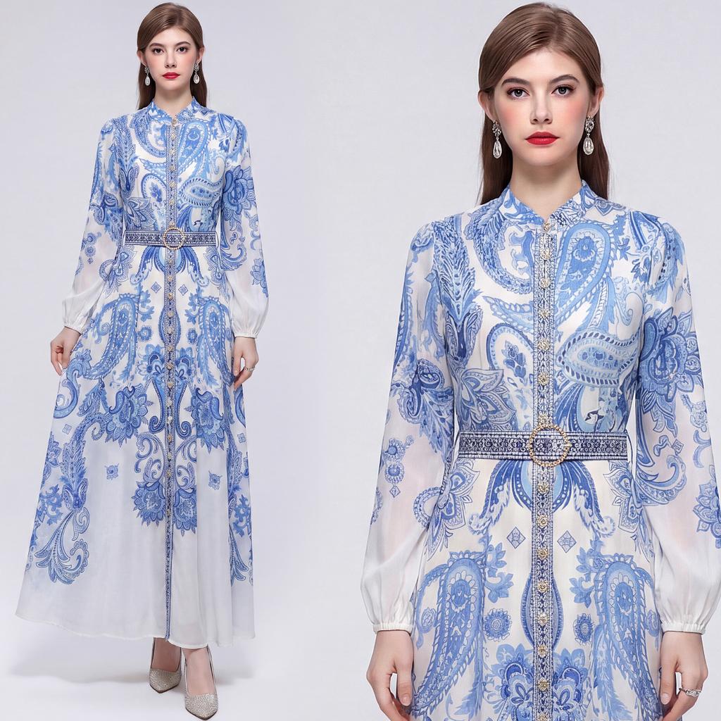Summer Fashion Floral Print Pleated Party Dress for Women 2026 Autumn Casual Long Sleeve Holiday Prom Party Chiffon Long Dresses
