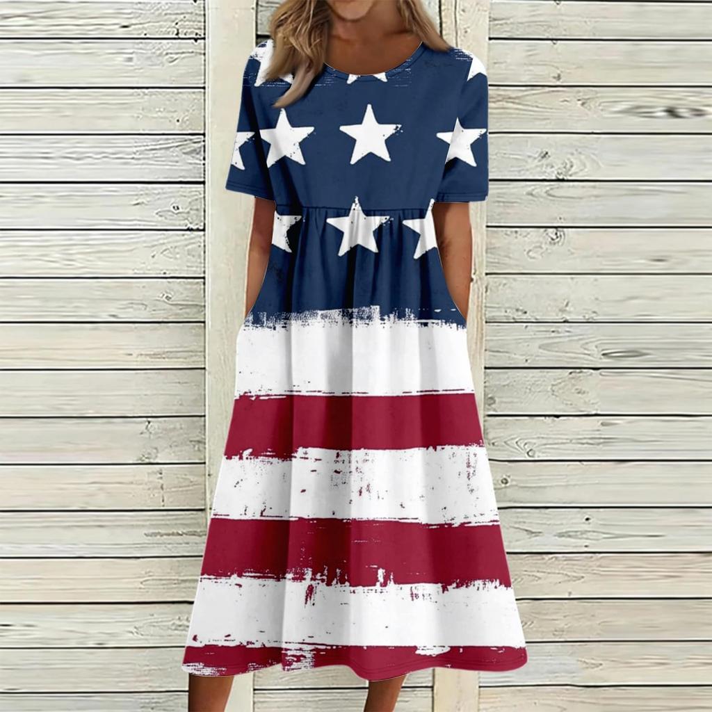 New summer women's five-pointed star patriotic style D printing short-sleeved dress