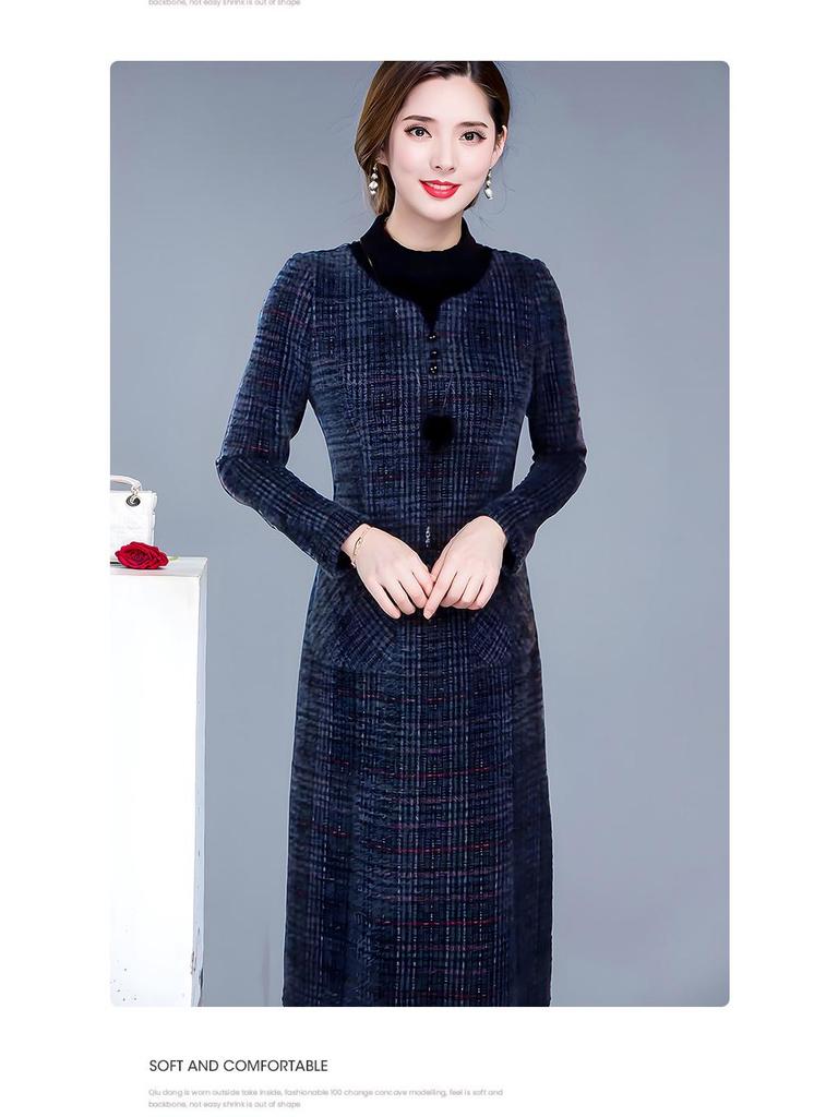 2025 Elegant Winter Plaid Dress for Plus-Size Mature Women: Slimming, Thickened Design
