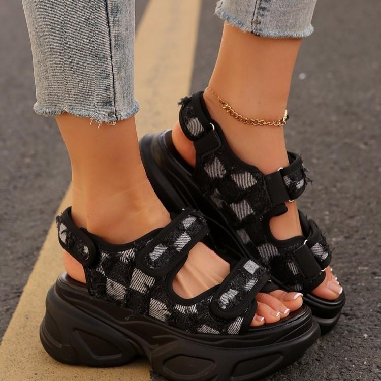 European and American New Sandals Muffin Velcro Large Size Foreign Trade Platform Sandals Denim Women's Shoes