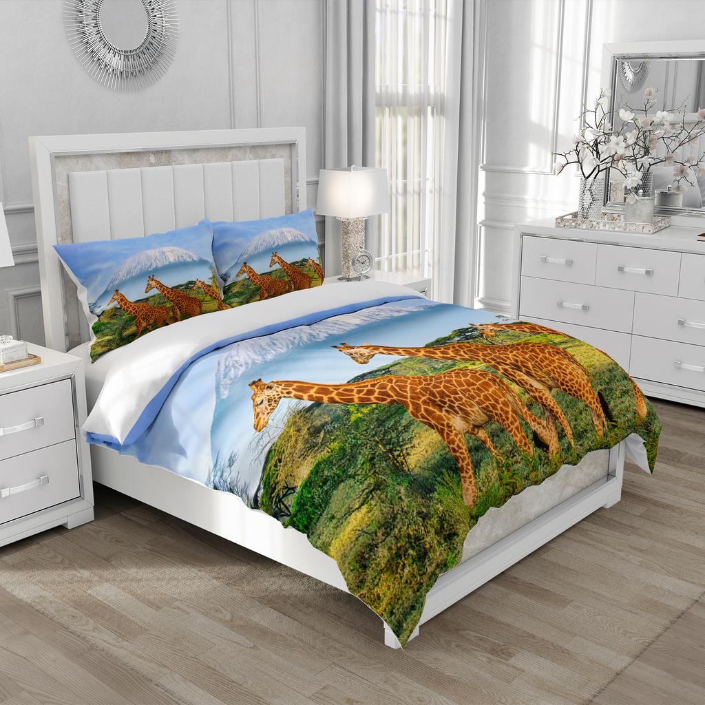 3D Animal Bedding Set - Giraffes Mountains Grassland Quilt Cover Twin/King Size, 2/3PCS Soft Polyester Bed Linen, Durable & Fade