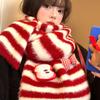 Apple Bow Red Striped Plush Knitted Scarf Women's Autumn and Winter Korean Atmosphere Warm Neck Scarf