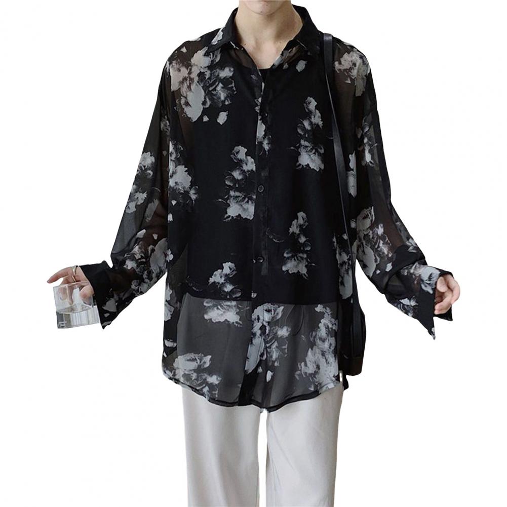 

Мужская рубашка однобортная с принтом, свободный отложной воротник, длинные рукава, однобортная, на пуговицах, тонкий кардиган средней длины, осень-весна L чёрный