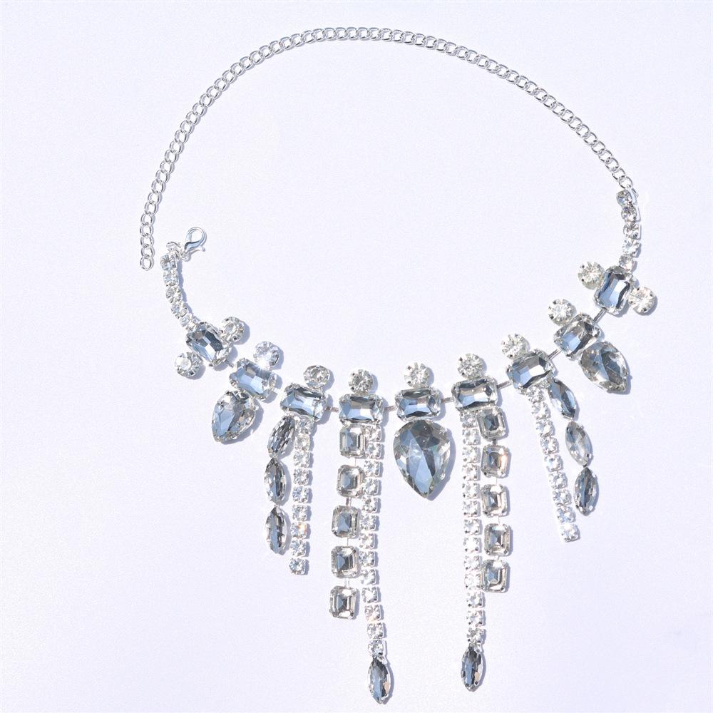 Exaggerated Necklace Design Sense Tassel Multi-Row Rhinestone Neck Chain Personalized Accessories Female Necklace серебряный