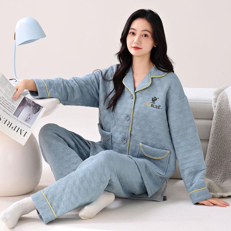 Pajamas Women'S Winter Thickened Pure Cotton Long-Sleeved Sandwich Air Cotton Autumn And Winter Loungewear Winter