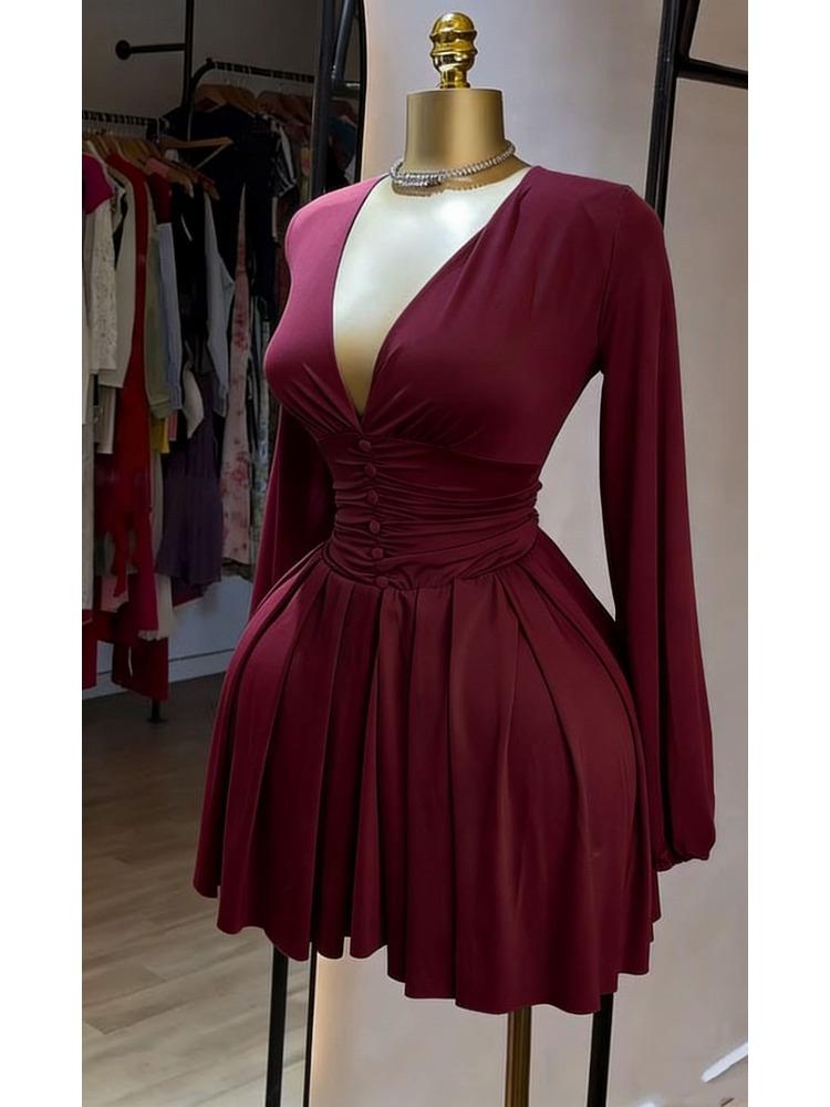 

Red V-Neck Long Sleeve Dress with Waist Gathering and Buttons XXL