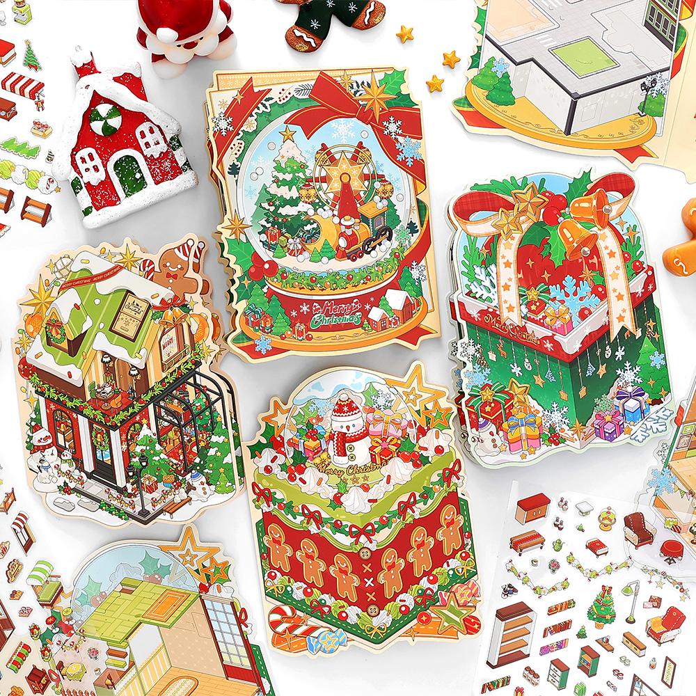 Kawaii 3D Cartoon Christmas House Series Miniature Scene Stickers DIY Handmade Stacked Scrapbook Stickers Holiday Gifts