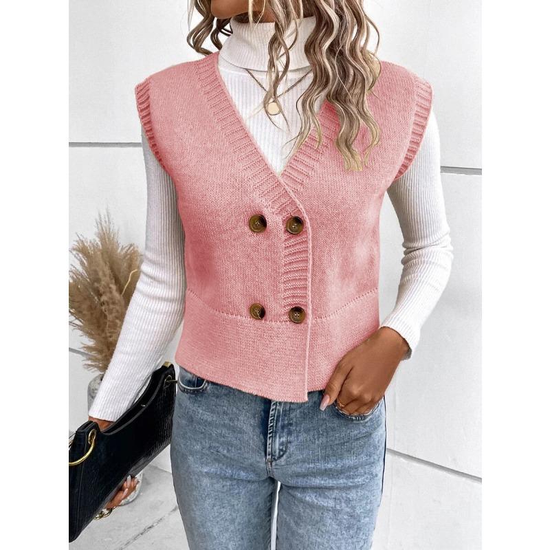 Women S Knit Vest V Neck Double Breasted Button Casual Cardigan