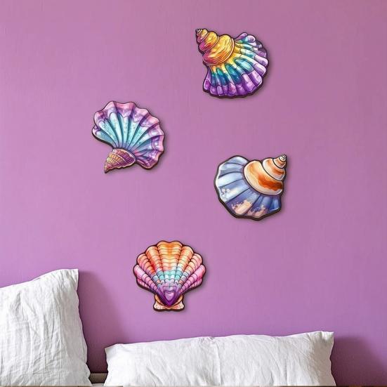 4 Pièces Art Mural Coquillages Marins Côtiers, Décoration Murale Suspendue Océanique Colorée en Bois, Sculpture Murale Côtière de Ferme pour Maison de Plage,