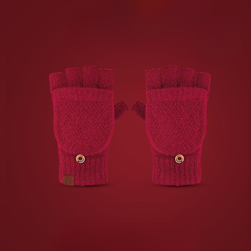Knitted Encore Red Gloves for Women In Winter Warm and Cold Thickened Solid Color Versatile Bike Touch Screen Split Finger Gloves