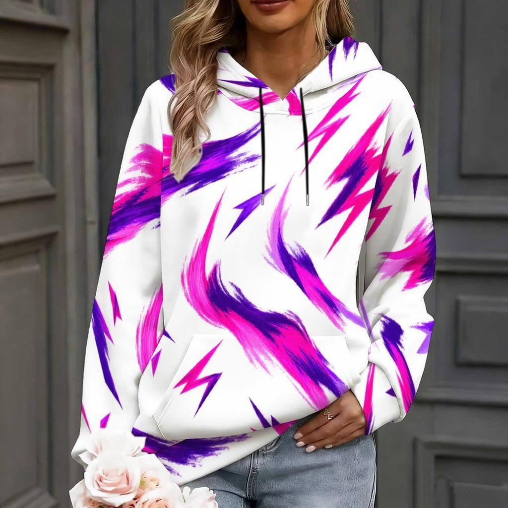 Women Plus Size Long Sleeve Drawstring Hoodie Green Yellow Orange Abstract Printed Kangaroo Pocket Pullover