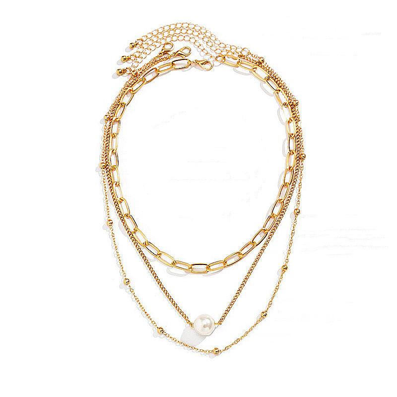 Hip-hop Metal Multi-layer Collarbone Chain Neck Chain Female, Simple and Versatile Copper Bead Chain Pearl Necklace