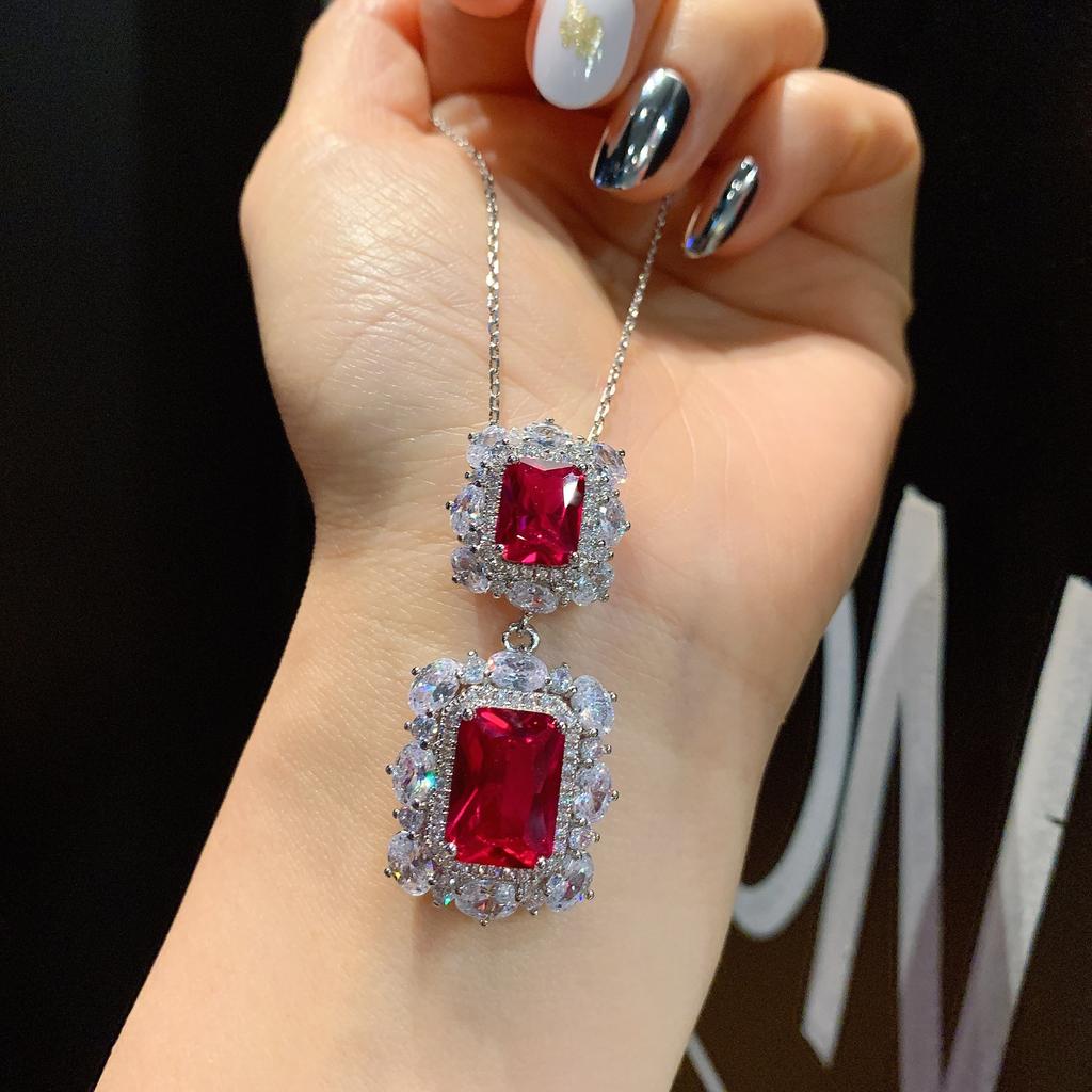 S925 Silver Needle Fashion Simulation Jewelry Accessories Set Imitation Dove Blood Red Corundum Pendant Necklace Women
