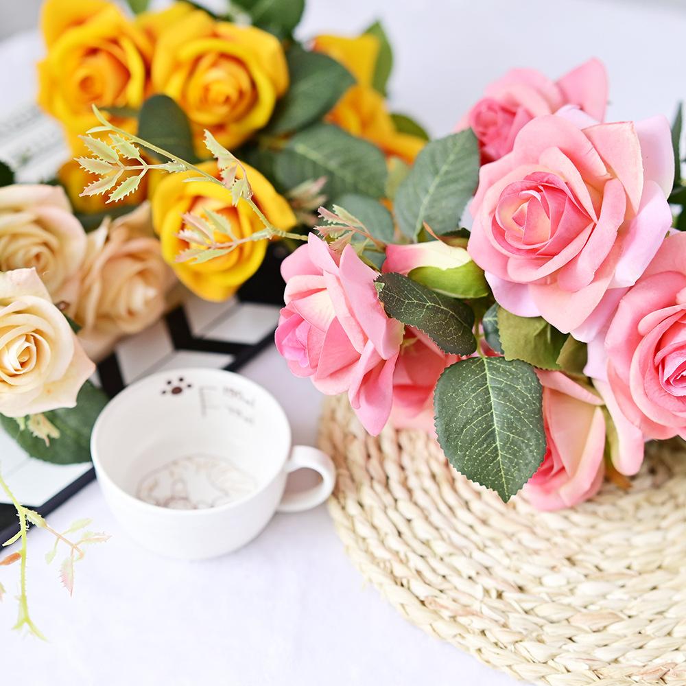Simulation Flower Rose Bouquet 7 Heads Flannel Rose Wedding Flower Arrangement Table Hand Bouquet Home Decoration Photography Props