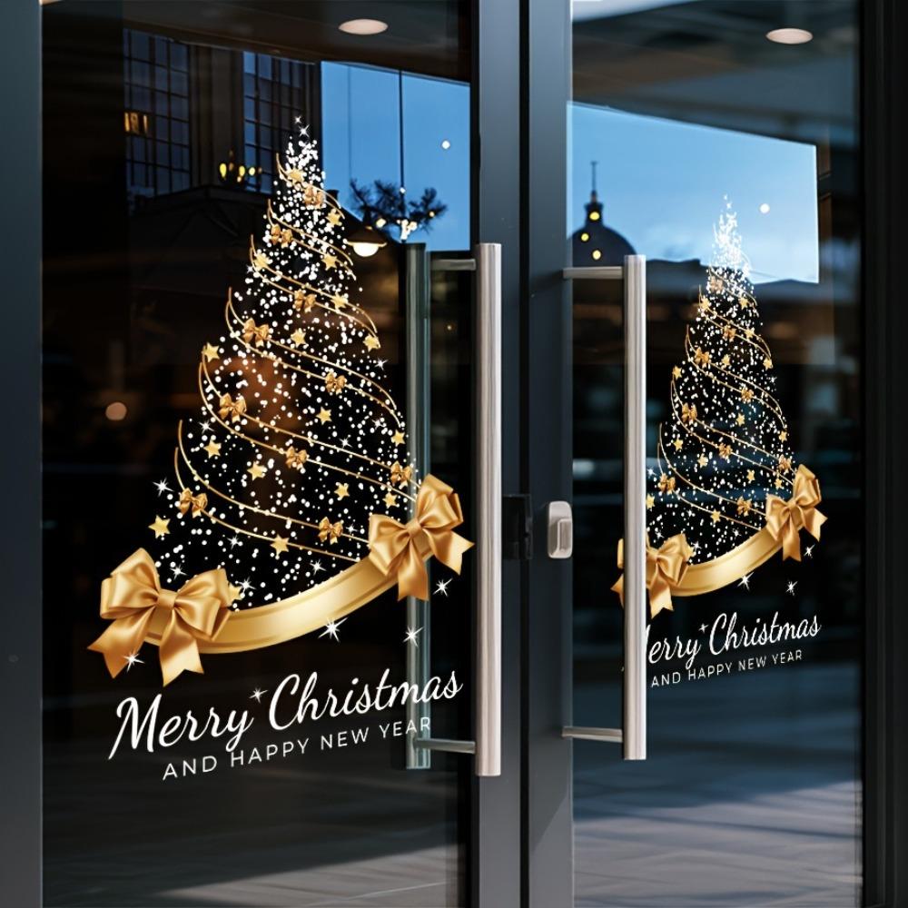 Star Bow Design Golden Christmas Tree Window Stickers Christmas Glass Door Stickers Showcase