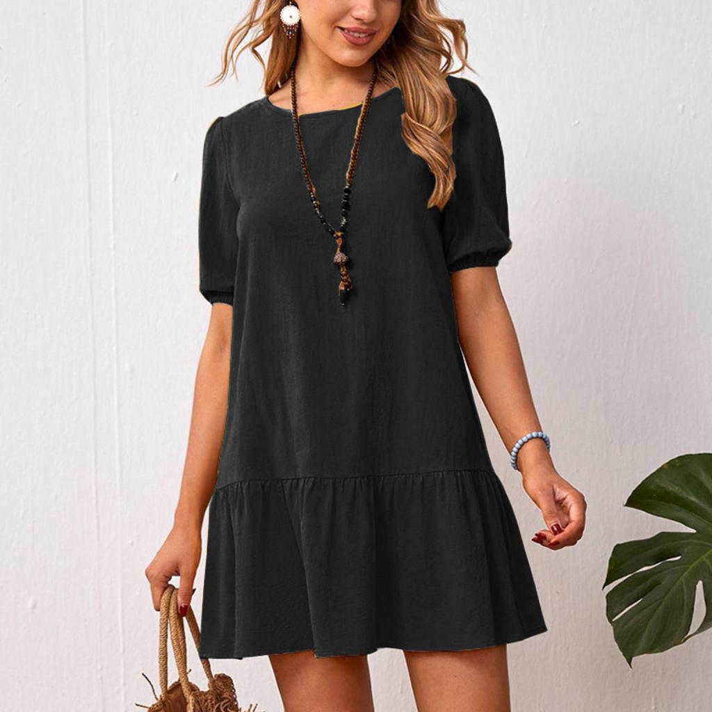 2025 New Women's Dress Solid Color Loose Waist Cotton Linen Crew Neck Dress