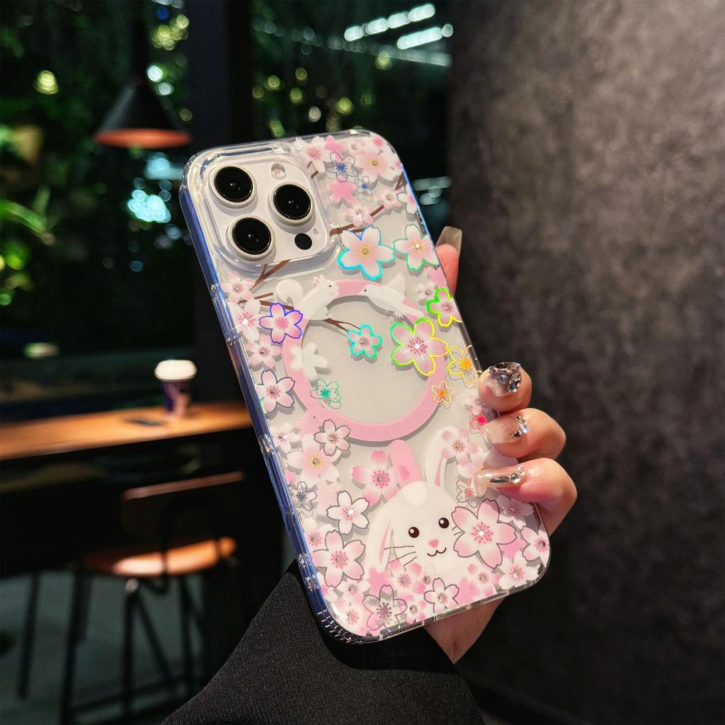 For IPhone 17 ProMax Laser Color Change N52 Magnetic Phone Case for Apple 16 Transparent Cherry Blossom Protective Cover