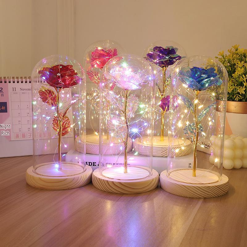 Gold Leaf Preserved Rose in Glass Dome with LED Light