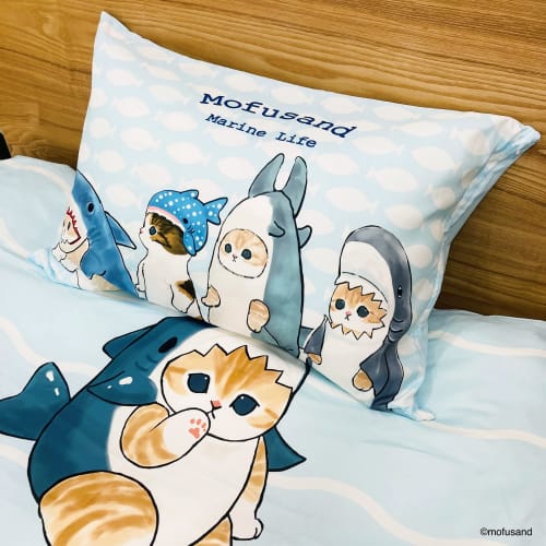 MORIPiLO Mofusand Shark Cat Duvet Cover Set (Duvet Cover and Pillowcases) Soft Peach Skin Single Size 150x210cm Blue Cute Bedding Set 2-Piece Set Char