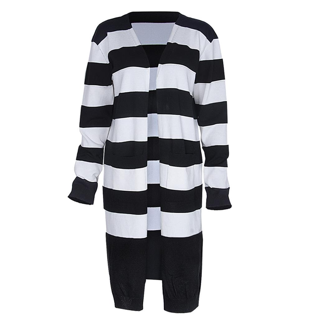 Women Long Sleeve Knit Striped Cardigan Sweater Coat Long Baggy Jacket