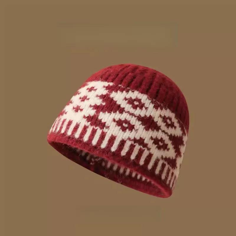 New Niche Design Sense Color Matching Rhombus Grid Knitted Bucket Hat Women's Autumn and Winter Wool Hat Warm Hat