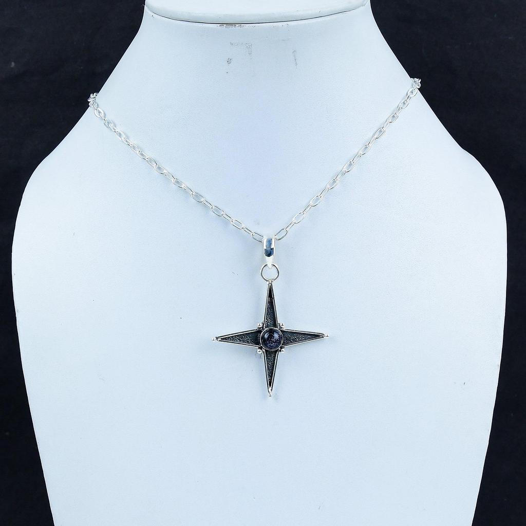 Blauer Sonnenstein Edelstein Silberanhänger in 925 Sterlingsilber - Handgefertigtes Stern-Design, Alltagsschmuck, Einzigartiger Kunsthandwerklicher Designanhänger Geschenk