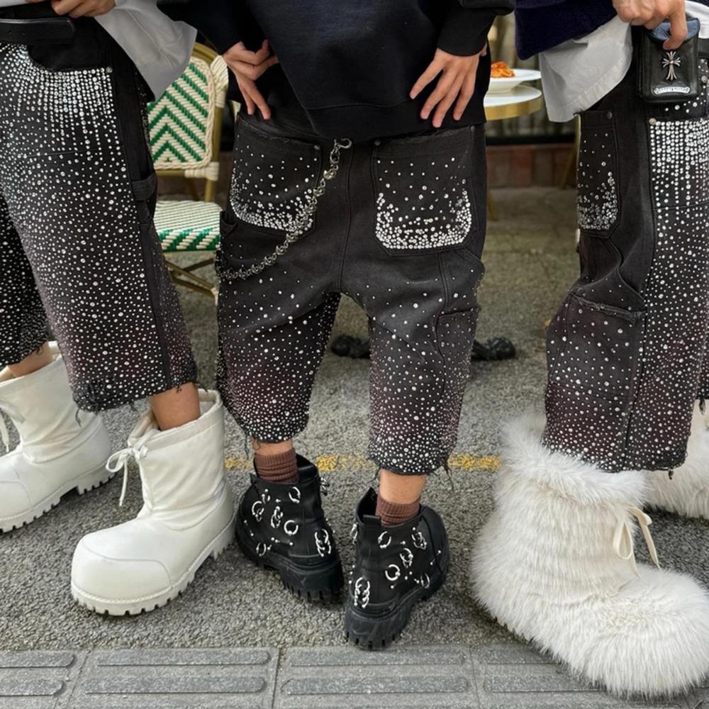 Streetwearové volné džínové šortky s celoplošným potiskem z kamínků pro muže, s roztrhanými dírami, prané, krátké, ležérní, volné, pětikapsové