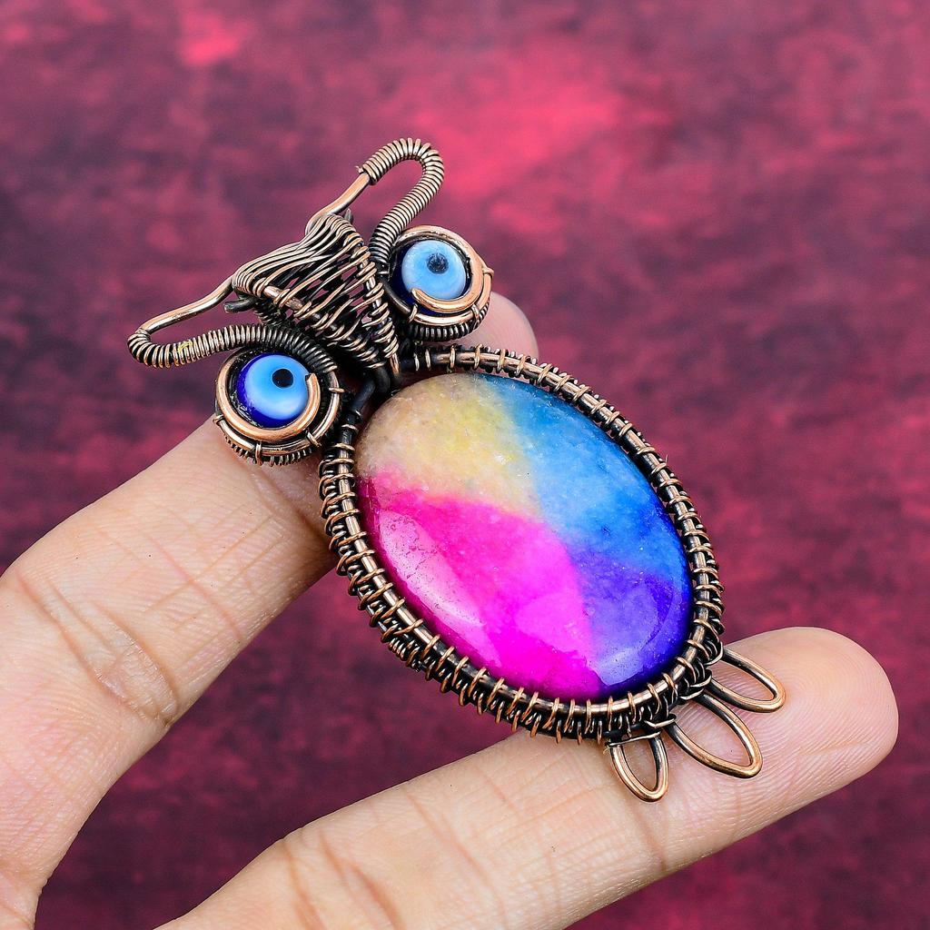 Rainbow Solar Quartz Druzy Pendant Owl Pendant Copper Wire Wrapped Blue Evil Eye Pendant