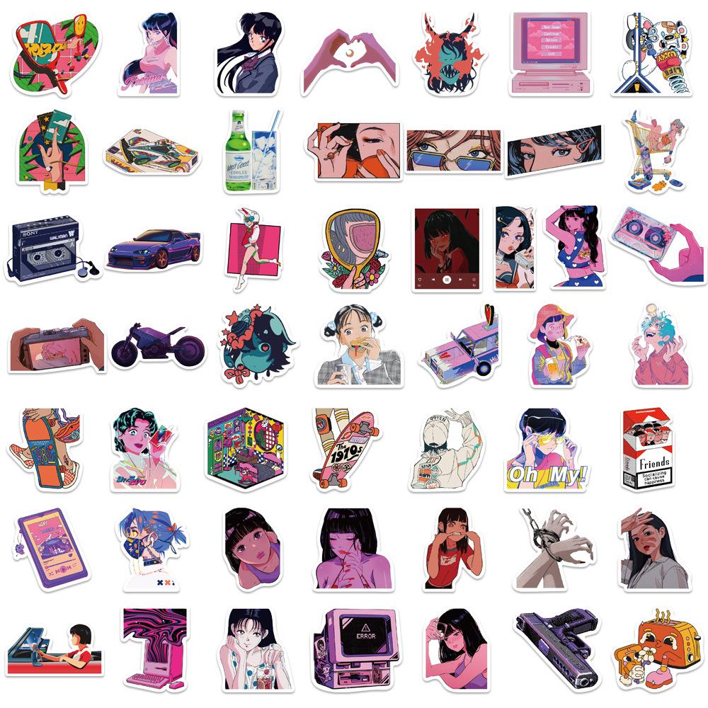50 Pictures of Urban Cool Cartoon Girl Doodle Stickers Decorative Guitar Notes Suitcase DIY Waterproof