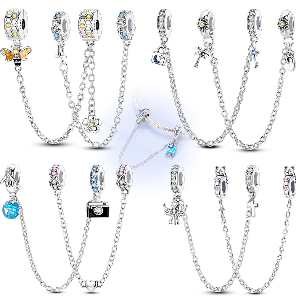 925 Silver Travel Bee Safety Chain Pendant Charms Fit Original 925 Bracelet Necklace For Women DIY Gift Jewellery