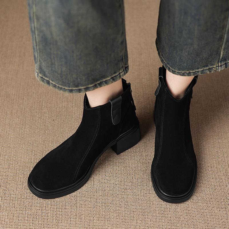 Krazing Pot Cow Suede Nubuck Winter Round Toe Modern Boots Med Heels Zipper Women Ankle Boots