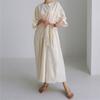 Johnature Korean Bandage Dresses Summer Casual Simple Solid Color Loose O-neck Short Sleeve Pockets Dress