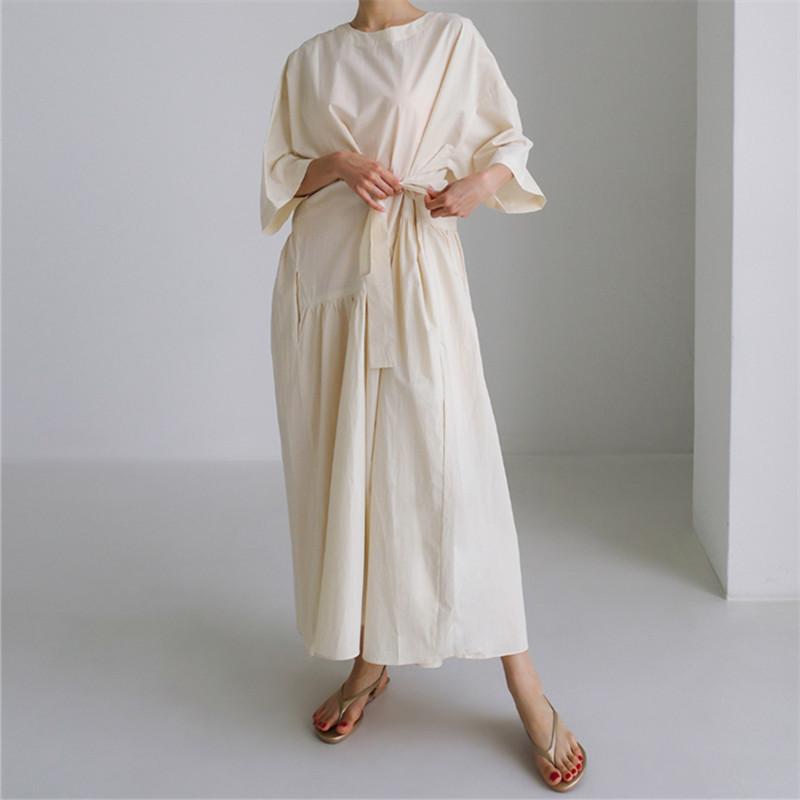 Johnature Korean Bandage Dresses Summer Casual Simple Solid Color Loose O-neck Short Sleeve Pockets Dress