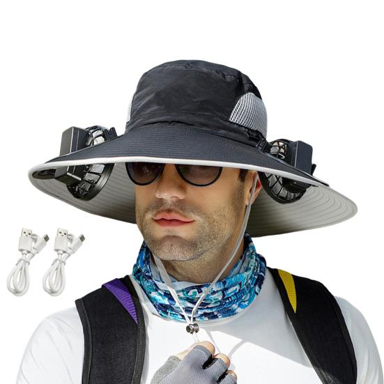 Sun Hat with Breathable Mesh Design Adjustable Cord Wide Brim Sun Protection Hat Dual Fan Design Fishing Hiking Hat