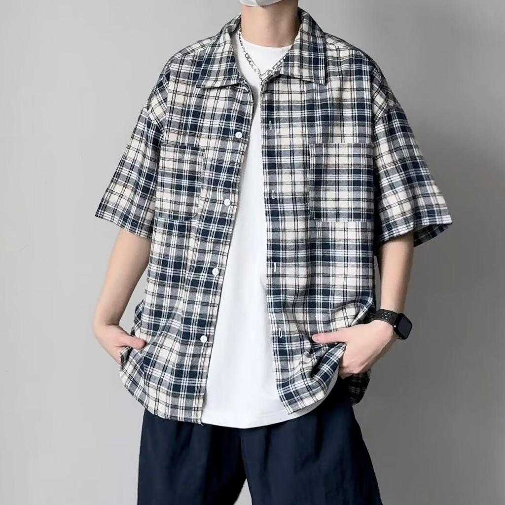 Sommer Neues Farbblockiertes Kariertes Revershemd Japanisches Retro Taschen Dekoration Kurzarmhemd