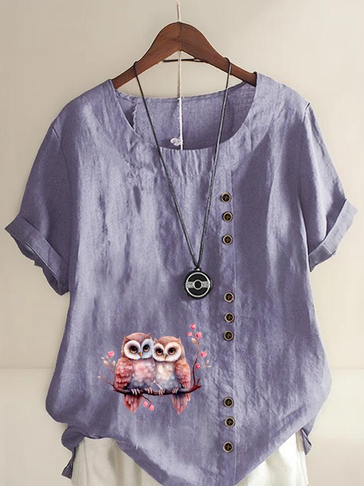 Women's Fashion Couple Owl Print Shot Sleeve T-shirt Loose Cotton Shirt Casual Loose Summer Blouse Tops Plus Size