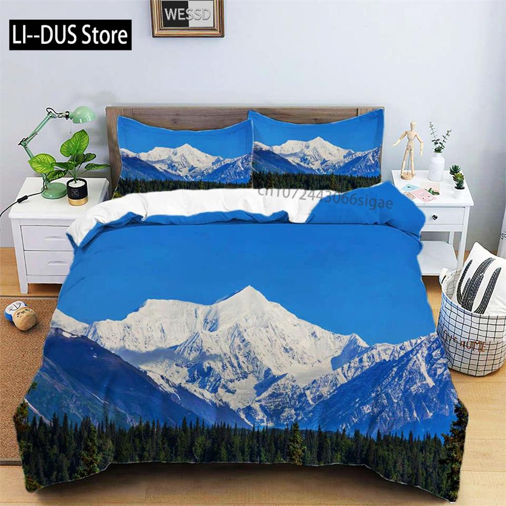 Snow Mountain Duvet Cover Set Polyester 3D Landscape Bedding Set For Teens Adults Ski Slope Winter Theme Queen Comforter Cover