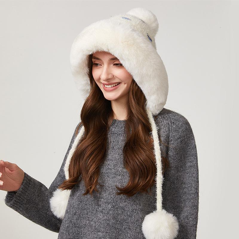 Knitted Hat Women's Thick Wool Collar Wool Hat Plush Three-Ball Warm Hat